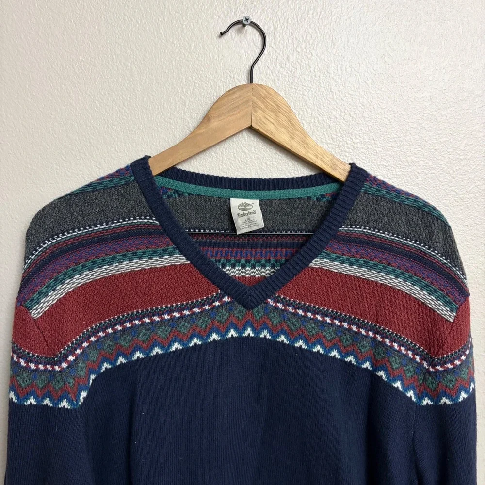 Timberland Sweater Large Mens Navy Blue Fair Isle V-Neck Wool Blend TB07914J